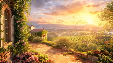 Obraz premium A picturesque view of a countryside home with a lush garden and a brick walkway, overlooking rolling green hills and a golden sunrise. Generative AI