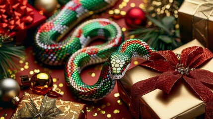 Snakes with holographic scales in green, red and white hide among gold Christmas gifts. with enough space for text The shiny surface contrasts with a red background.