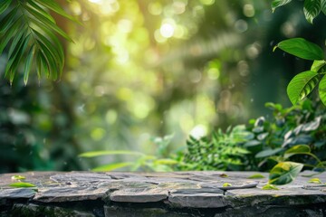 Fototapeta premium Empty Stone Podium in Lush Green Forest with Sunlight, Natural Background for Product Display
