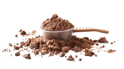 Whey protein supplement scoop with caramel whey protein powder on transparent background