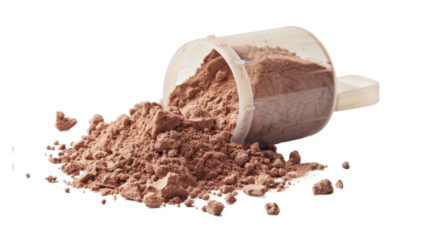 Whey protein supplement scoop with caramel whey protein powder on transparent background