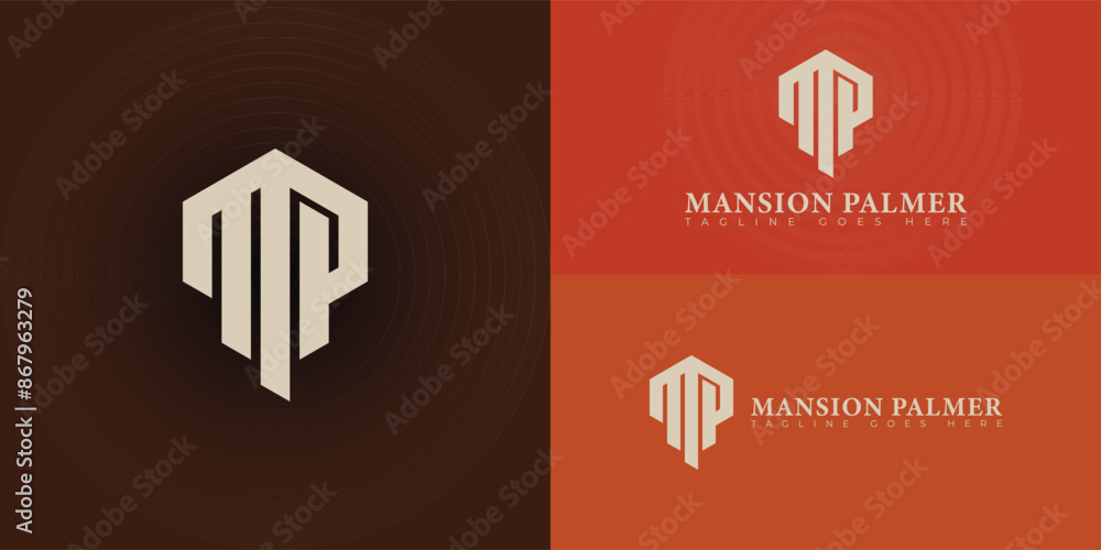 Poster abstract initial hexagon letters mp or pm logo in gold color isolated on multiple background colors.