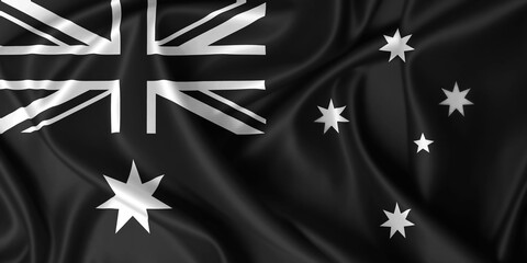 Australian black flag waving in the wind on silk texture