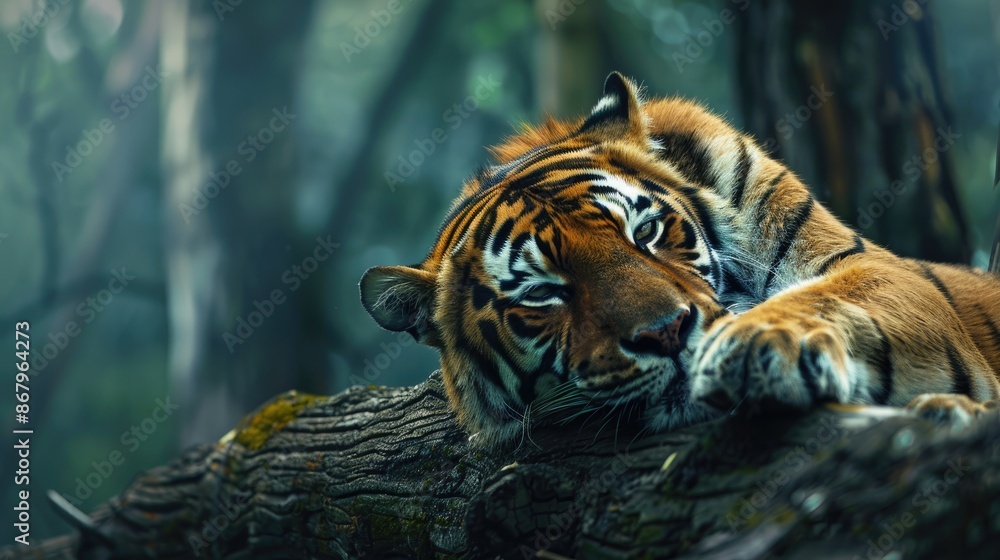 Poster selective focus background with text space tiger resting