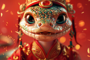 Fototapeta premium Portrait of a snake dressed in traditional red Oriental outfit. Chinese new year. Year of the snake