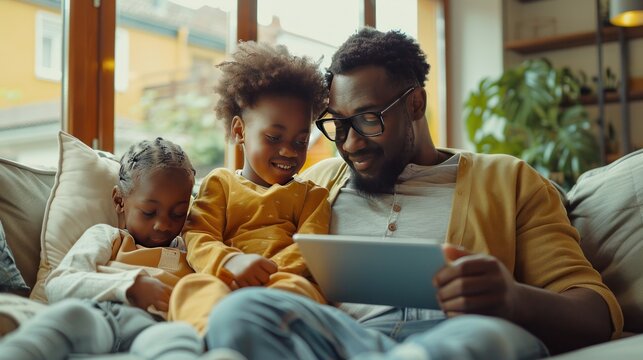 Father and Daughters Enjoying a Tablet Together