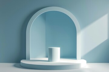 Minimalist 3D blue podium or pedestal for product display with an arch and sunlight. Concept of backdrop, showcase, presentation, stage, exhibition