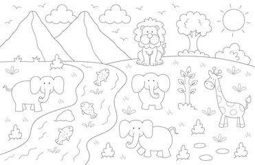 Fotobehang Zoo large coloring poster for kids, zoo animals and nature. use 11x17 inch paper, ledger/tabloid  © BaMic illustrations