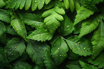 Obraz premium Lush Green Fern Leaves With Dew Drops After Rain