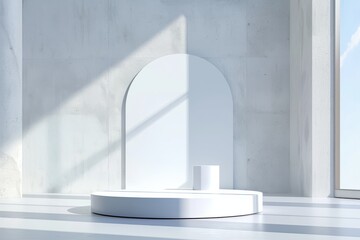 Minimalist white podium in an empty room with sunlight from a large window, perfect for product placement. Concept of product showcase, mockup, and simplicity