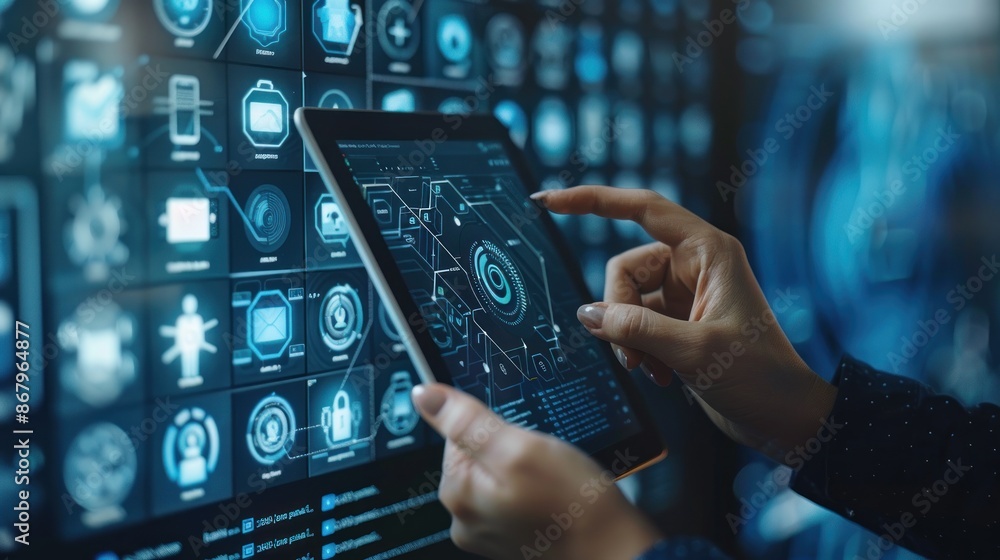 Wall mural hands using tablet with digital interface