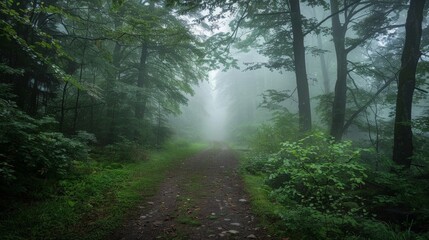 Obraz premium Dense fog covering a mysterious forest trail