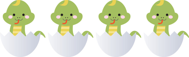 卵の殻から顔を出して笑う四匹の可愛いヘビ