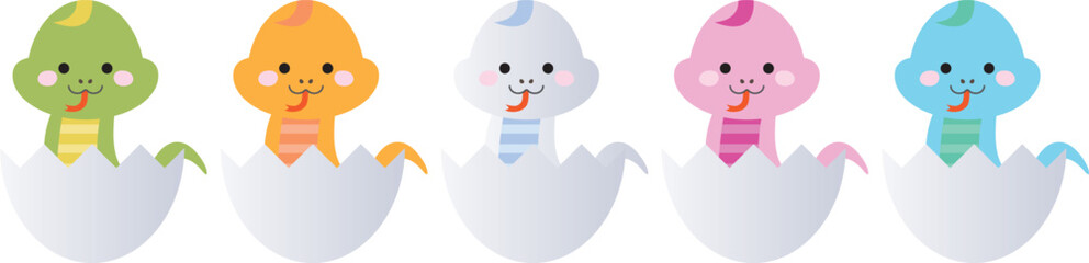 卵の殻から顔を出して笑う五匹の可愛いカラフルなヘビ