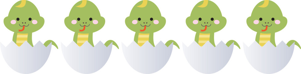 卵の殻から顔を出して笑う五匹の可愛いヘビ