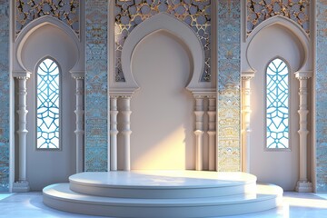 Fototapeta premium Elegant Podium in Ornate Arabic or Islamic Architecture with Sunlight, Perfect for Product Placement. Concept. Ramadan, Eid, Culture