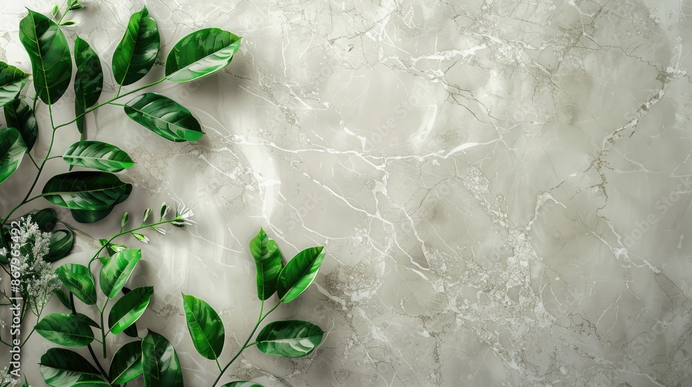 Poster marble board adorned with green leaves on light background presentation layout for showcasing produc