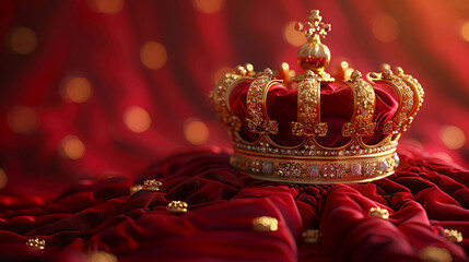 Ornate Royal Crown on Luxurious Red Velvet with Golden Highlights