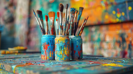 Fototapeta premium Colorful Art Studio with Paintbrushes and Cans of Paint in Vivid Abstract Colors