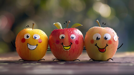 Cute Animated Apples with Faces in a Cheerful Outdoor Setting