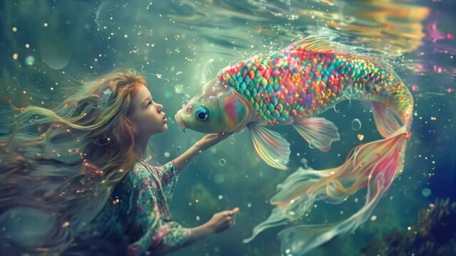 Pisces fish rainbow colour swimming with little girl in water together symbol astrology zodiac sign Generative AI