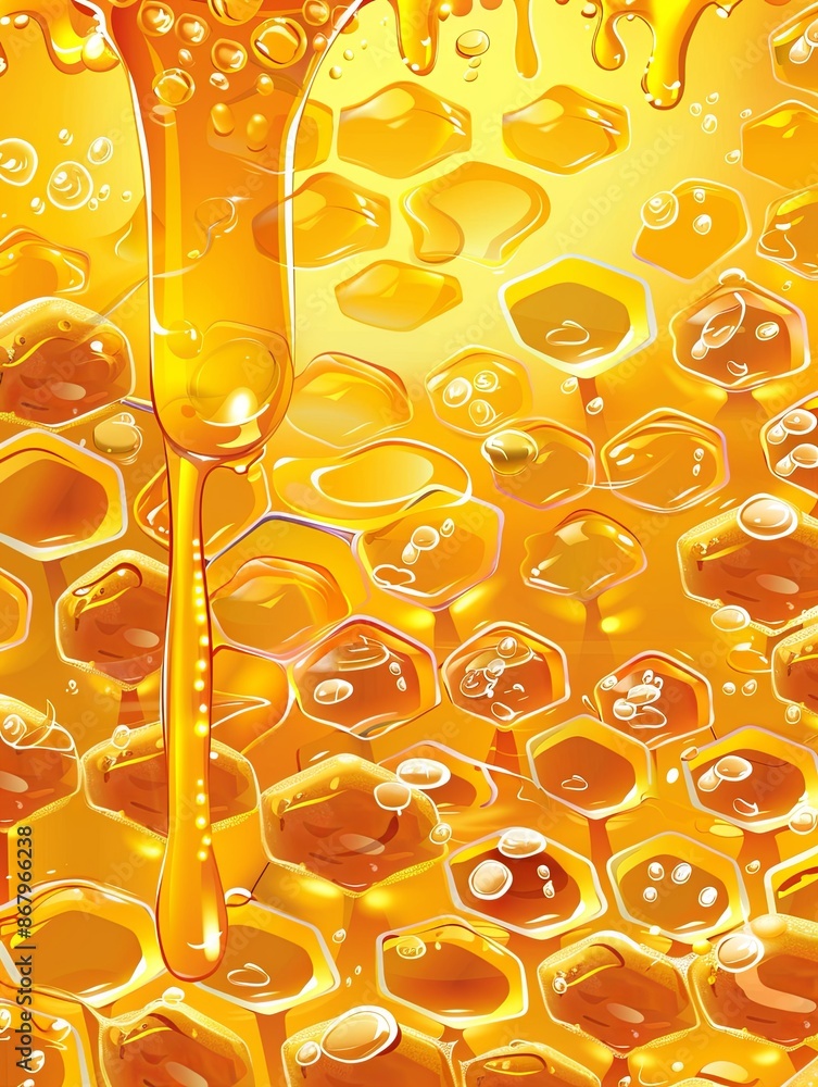 Poster a close-up image of honey dripping from a honeycomb. generative ai