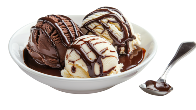 Chocolate and vanilla ice cream covered in chocolate sauce on transparent background