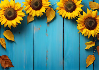 Autumn background with sunflowers on blue wooden board. Generative AI