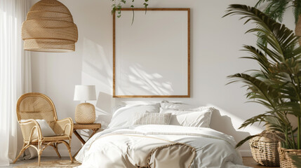 mock up poster frame in modern bedroom interior