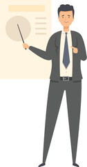 Businessman is pointing at a whiteboard with a pointer, giving a presentation