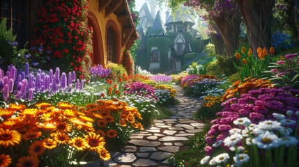 Fototapeta premium A magical stone path winds through a vibrant flower garden leading to a whimsical cottage in the distance.
