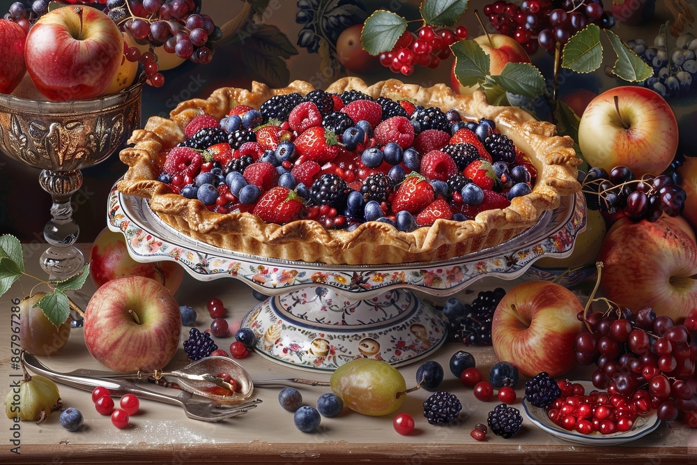 Poster A close-up still life image featuring a delicious fruit pie with a golden crust, surrounded by apples and berries. Generative AI
