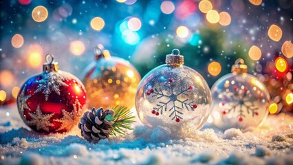 Festive winter sparkling glass balls glisten in snow with delicate snowflake decorations, vibrant colors, blurred background, and ample copy space.