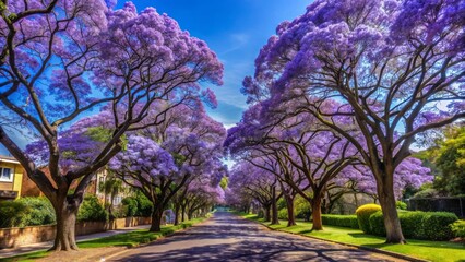 Fototapeta premium Vibrant purple-blue Jacaranda mimosifolia blooms adorn Johannesburg and Pretoria streets during spring in October, South Africa, under clear blue skies.