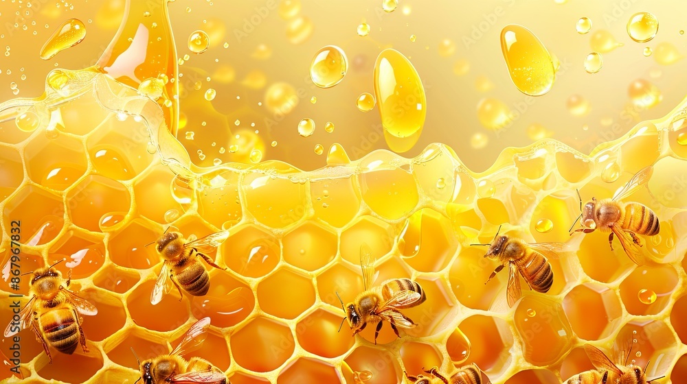 Poster honeycomb with bees and honey dripping down in golden light. generative ai