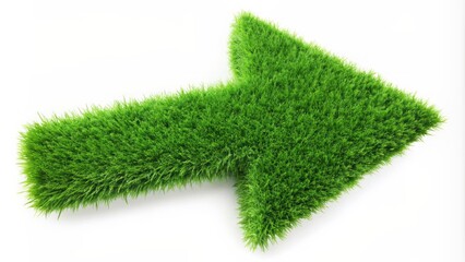 Vibrant green grass forms a three-dimensional arrow pointing right, isolated on white background, conveying growth, movement, and eco-friendly concepts.