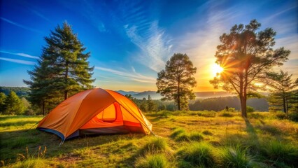 Vibrant orange tent icon stands alone in a serene landscape with a few trees and a clear blue sky background.