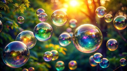 Naklejka premium Vibrant iridescent orbs floating in mid-air, delicate soap bubbles glisten in the sunlight, their translucent beauty mesmerizing against a soft focus background.
