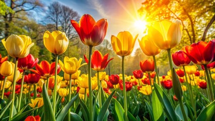 Vibrant yellow and red tulips in full bloom, swaying gently in the breeze, surrounded by lush greenery and warm sunlight.