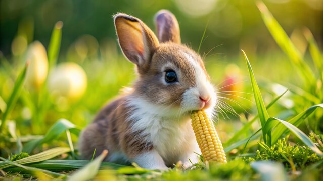 Adorable tiny furry rabbit bunny with brown and white fur, hungrily eats fresh green grass and organic baby corn outdoors.