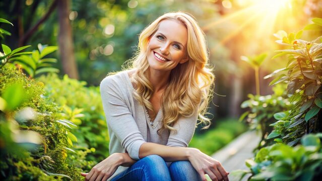 A cheerful blonde-haired woman sits warmly outdoors, surrounded by lush greenery, wearing a casual outfit and beaming with joy.ances