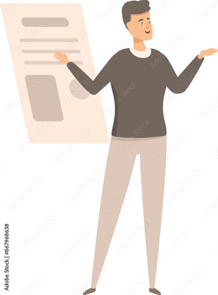 Poster Young manager is pointing at a large sheet of paper while presenting a business plan