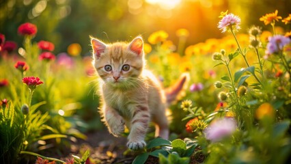 Adorable yellow kitten frolics and plays alone in a lush green garden, surrounded by vibrant flowers and warm sunlight.