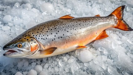 Freshly caught atlantic salmon salmo salar lying on ice with glistening scales and vibrant orange flesh showcasing its quality.