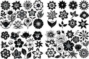 flower plant design background tropical black summer graphic element set white floral isolated art silhouette exotic botanical drawing leaf vector illustration nature