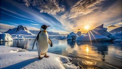 Majestic penguin wanders towards camera, set against breathtaking North Pole backdrop of icy landscape, icebergs, and radiant sunlight reflections.