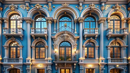 Exquisite ornate facade featuring majestic arched windows amidst soothing blue walls, exuding refinement, luxury, and timeless architectural beauty.