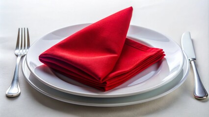 Vibrant red napkin centered on crisp white tablecloth against a pure white background, evoking warmth and elegance in a kitchen setting.