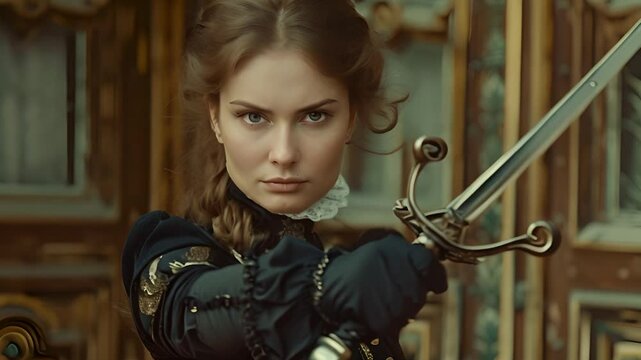 Determined Woman Holding Rapier in Historical Attire with Ai generated.
