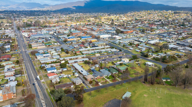 Drone aerial photograph of the township of Tumut in the Riverina region of New South Wales located at the foothills of the Snowy Mountains, Australia.